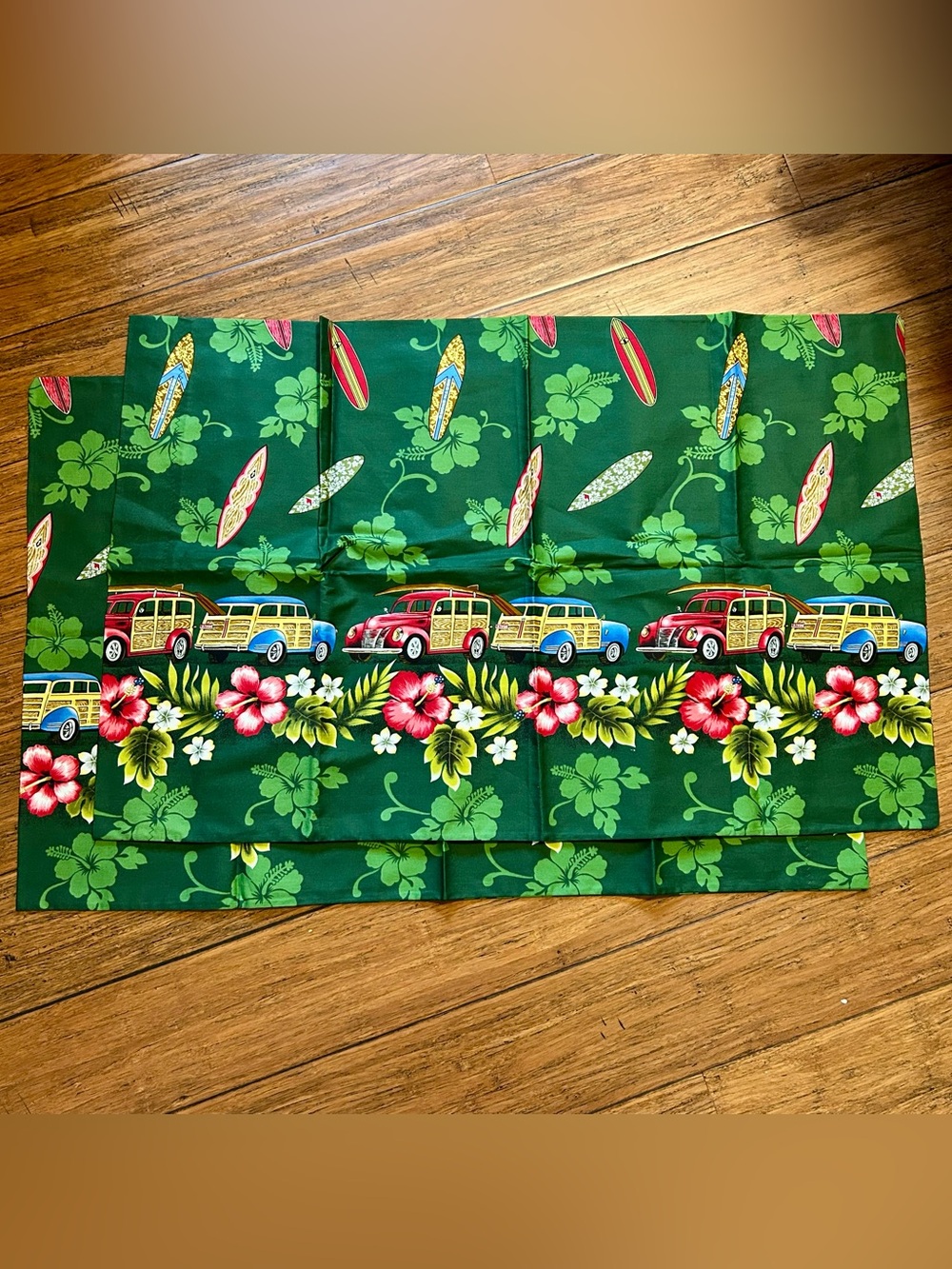 NEW- Handmade In Hawaii-Set Of 2 Pillowcases- Woody Wagon, Surfboard, Hibiscus